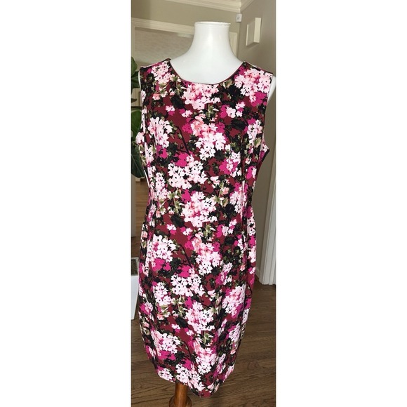 Lands' End Floral Sheath Dress 16P Pink Red Stretch Sleeveless Knee Length - Picture 3 of 7